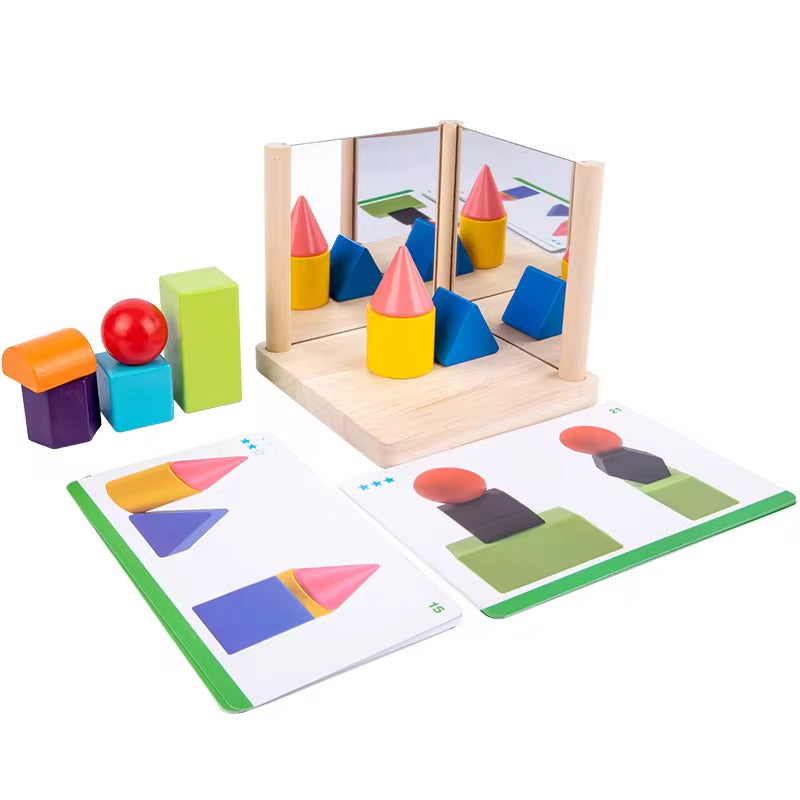 Kinder-Spiegel-Symmetrie-Spiel mit Holzbausteinen Geometrische Formen