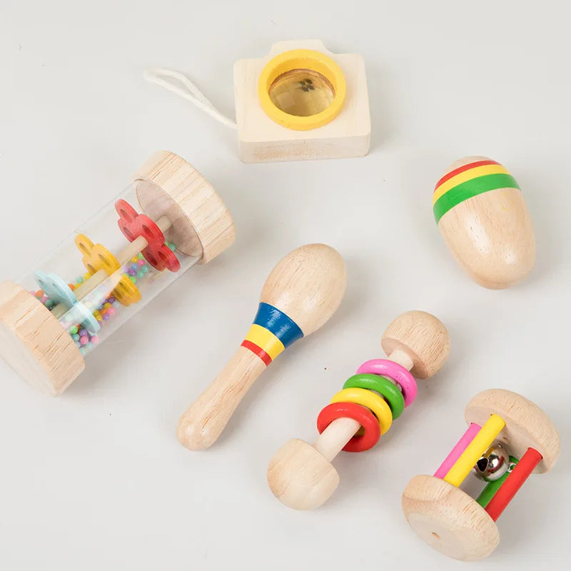 6 Teile/Satz Holz Musikinstrumente Spielzeug, Kleine Rassel, Sand Hammer, Sand Ball, Schütteln Glocke Kaleidoskop, greifen Praxis Spielzeug