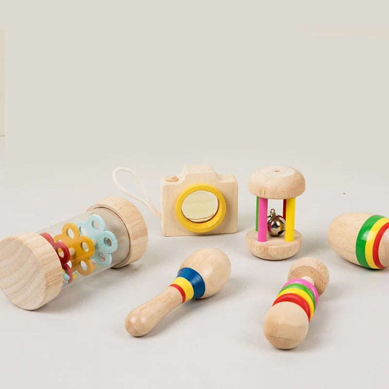 6 Teile/Satz Holz Musikinstrumente Spielzeug, Kleine Rassel, Sand Hammer, Sand Ball, Schütteln Glocke Kaleidoskop, greifen Praxis Spielzeug