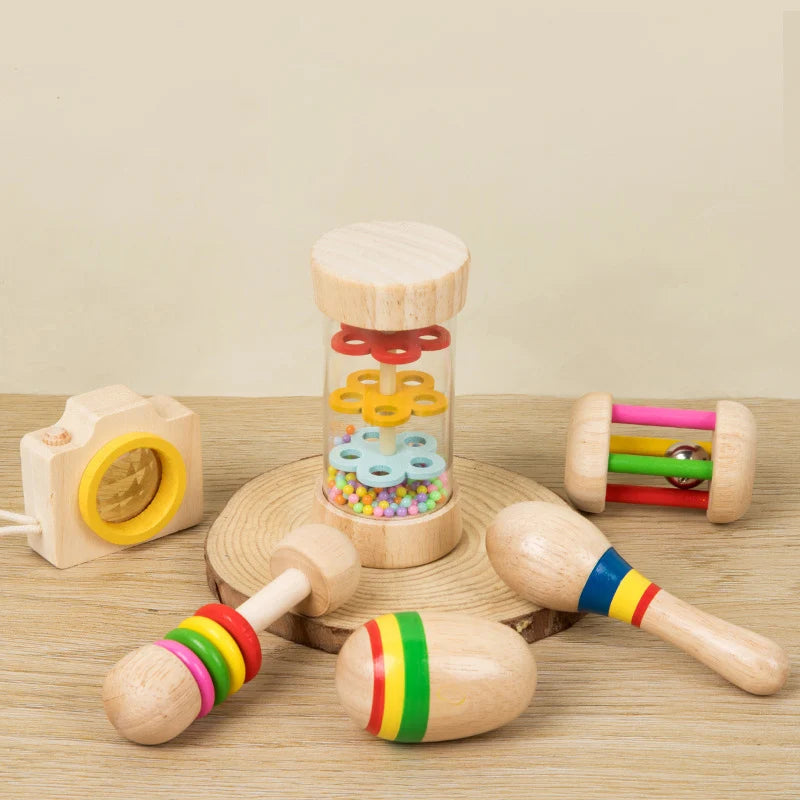 6 Teile/Satz Holz Musikinstrumente Spielzeug, Kleine Rassel, Sand Hammer, Sand Ball, Schütteln Glocke Kaleidoskop, greifen Praxis Spielzeug