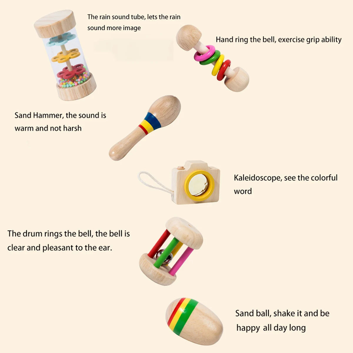 6 Teile/Satz Holz Musikinstrumente Spielzeug, Kleine Rassel, Sand Hammer, Sand Ball, Schütteln Glocke Kaleidoskop, greifen Praxis Spielzeug