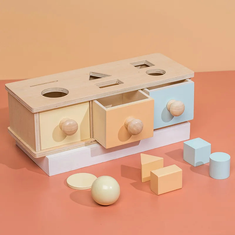 Baby Frühpädagogisches Spielzeug – Bunte Holz-Wurf-Münz-Schubladenbox Trommel