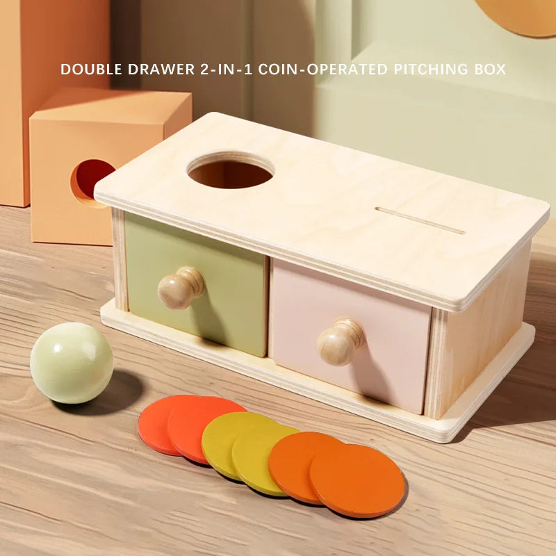 Baby Frühpädagogisches Spielzeug – Bunte Holz-Wurf-Münz-Schubladenbox Trommel