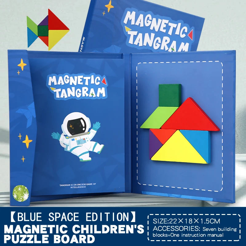 Montessori Magnetic Tangram Wooden Puzzle Book for Children Jigsaw Portable Educational Learning Intelligence Toys for Baby Kids