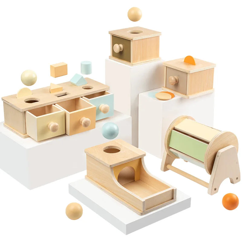 Baby Frühpädagogisches Spielzeug – Bunte Holz-Wurf-Münz-Schubladenbox Trommel
