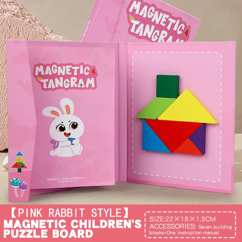 Montessori Magnetic Tangram Wooden Puzzle Book for Children Jigsaw Portable Educational Learning Intelligence Toys for Baby Kids