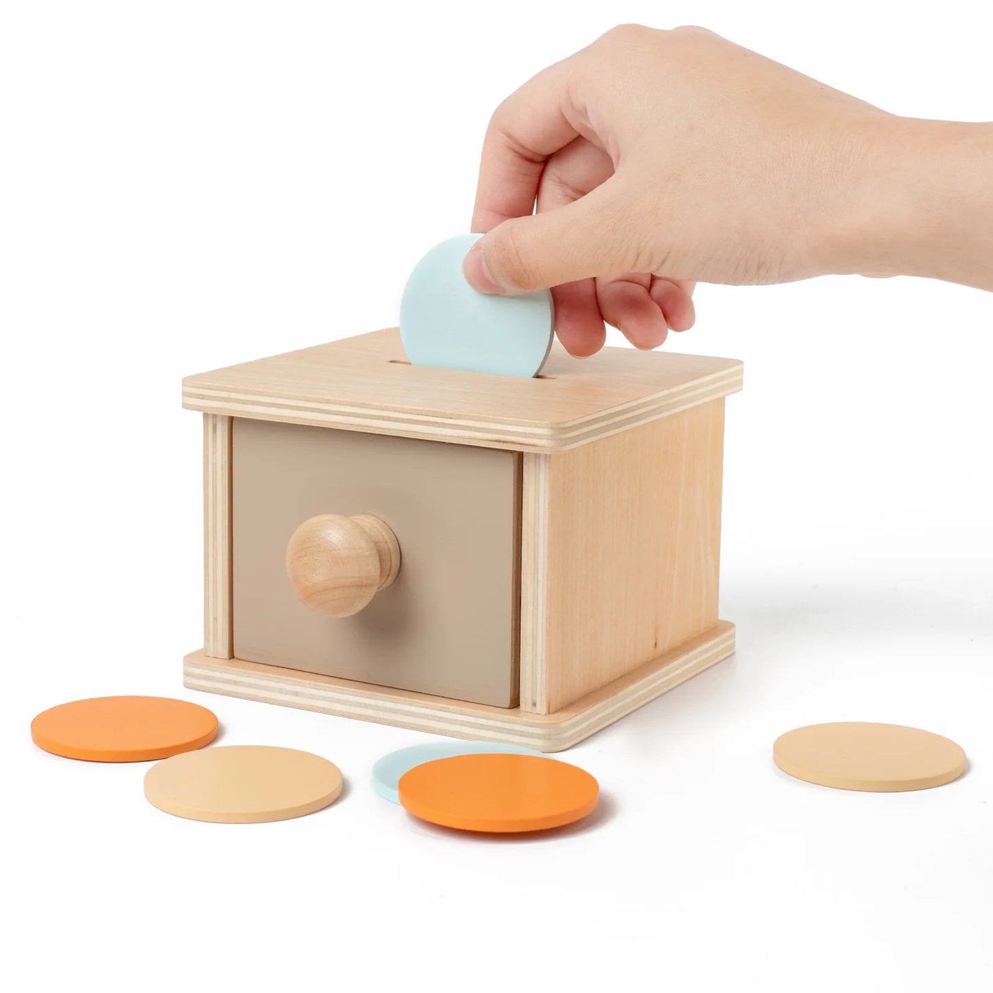Baby Frühpädagogisches Spielzeug – Bunte Holz-Wurf-Münz-Schubladenbox Trommel
