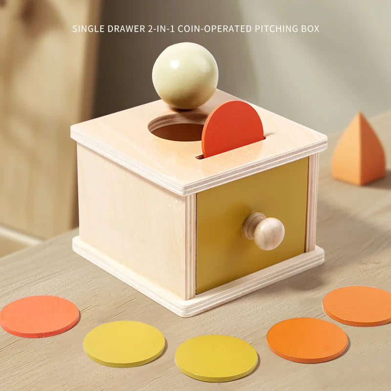 Baby Frühpädagogisches Spielzeug – Bunte Holz-Wurf-Münz-Schubladenbox Trommel
