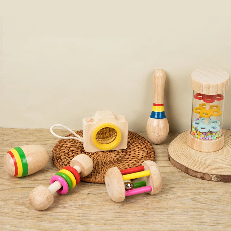 6 Teile/Satz Holz Musikinstrumente Spielzeug, Kleine Rassel, Sand Hammer, Sand Ball, Schütteln Glocke Kaleidoskop, greifen Praxis Spielzeug