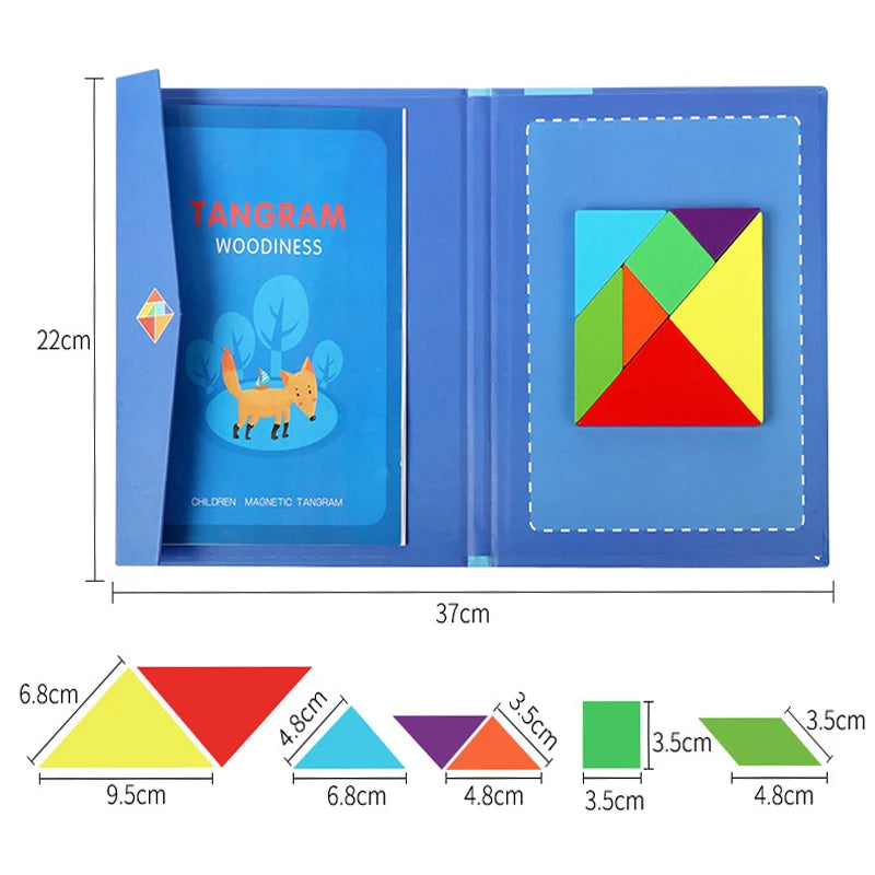 Montessori Magnetic Tangram Wooden Puzzle Book for Children Jigsaw Portable Educational Learning Intelligence Toys for Baby Kids