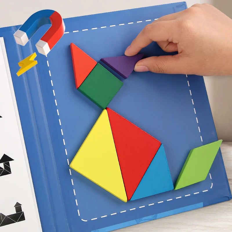Montessori Magnetic Tangram Wooden Puzzle Book for Children Jigsaw Portable Educational Learning Intelligence Toys for Baby Kids