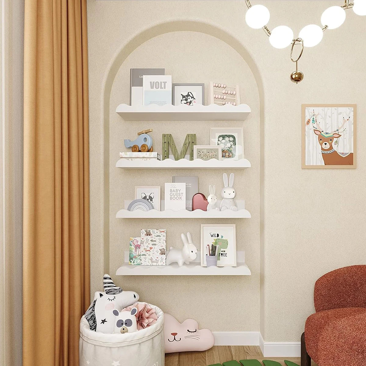 Weißes gewelltes schwebendes Holzregal, Schlafzimmer, Wandregal, Aufbewahrung, Wandregal, Zuhause, Spielzeug, Organizer, Bücher, Leiste, Kinderzimmer, Wanddekoration