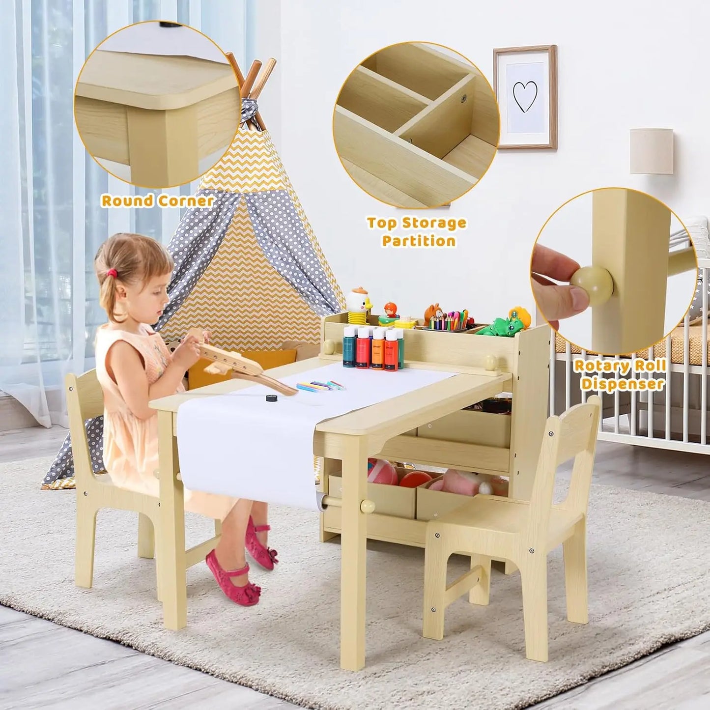 Kindertisch mit 2 Stühlen Kindertisch mit Stauraum Kinder Tisch-Stuhl-Set Holz Mal- und Schreibtisch mit Papierrolle und 4