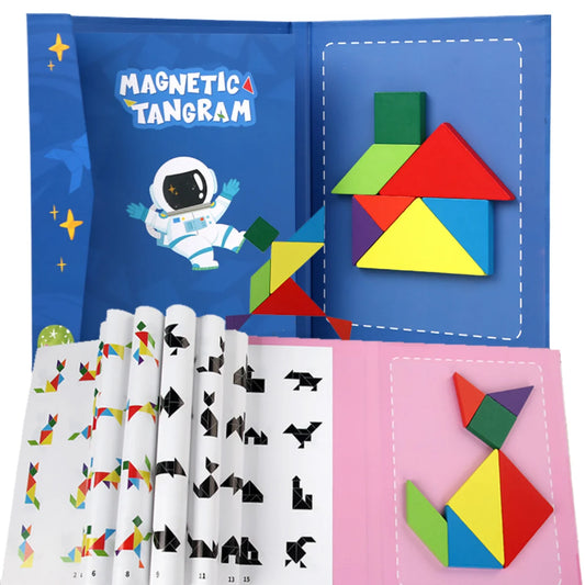 Montessori Magnetic Tangram Wooden Puzzle Book for Children Jigsaw Portable Educational Learning Intelligence Toys for Baby Kids