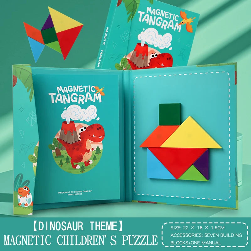 Montessori Magnetic Tangram Wooden Puzzle Book for Children Jigsaw Portable Educational Learning Intelligence Toys for Baby Kids