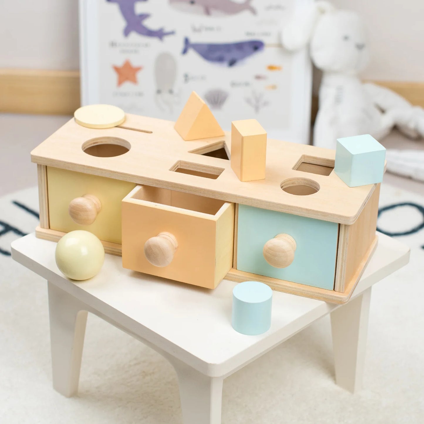 Baby Frühpädagogisches Spielzeug – Bunte Holz-Wurf-Münz-Schubladenbox Trommel