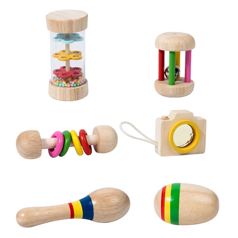 6 Teile/Satz Holz Musikinstrumente Spielzeug, Kleine Rassel, Sand Hammer, Sand Ball, Schütteln Glocke Kaleidoskop, greifen Praxis Spielzeug