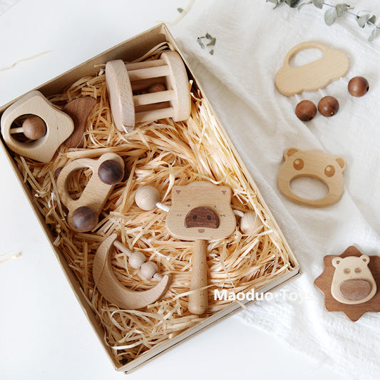 8-in-1 Holzspielzeug-Box – Rassel, Lern- & Greifspielzeug für Babys
