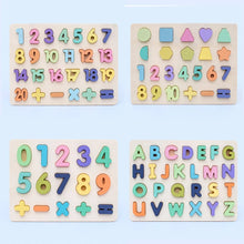 Lade das Bild in den Galerie-Viewer, Wooden Numbers Letters Alphabet Shape Enlightenment Education Cognitive 3D Grab Board Puzzle For Baby Preschool Toys
