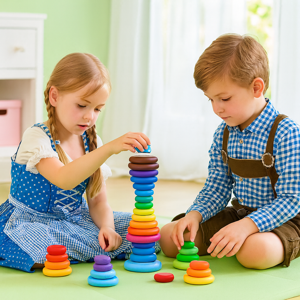 Holz Balance und Stapelsteine Turm - in Regenbogen Farben für Kleinkinder ab 3 Jahre