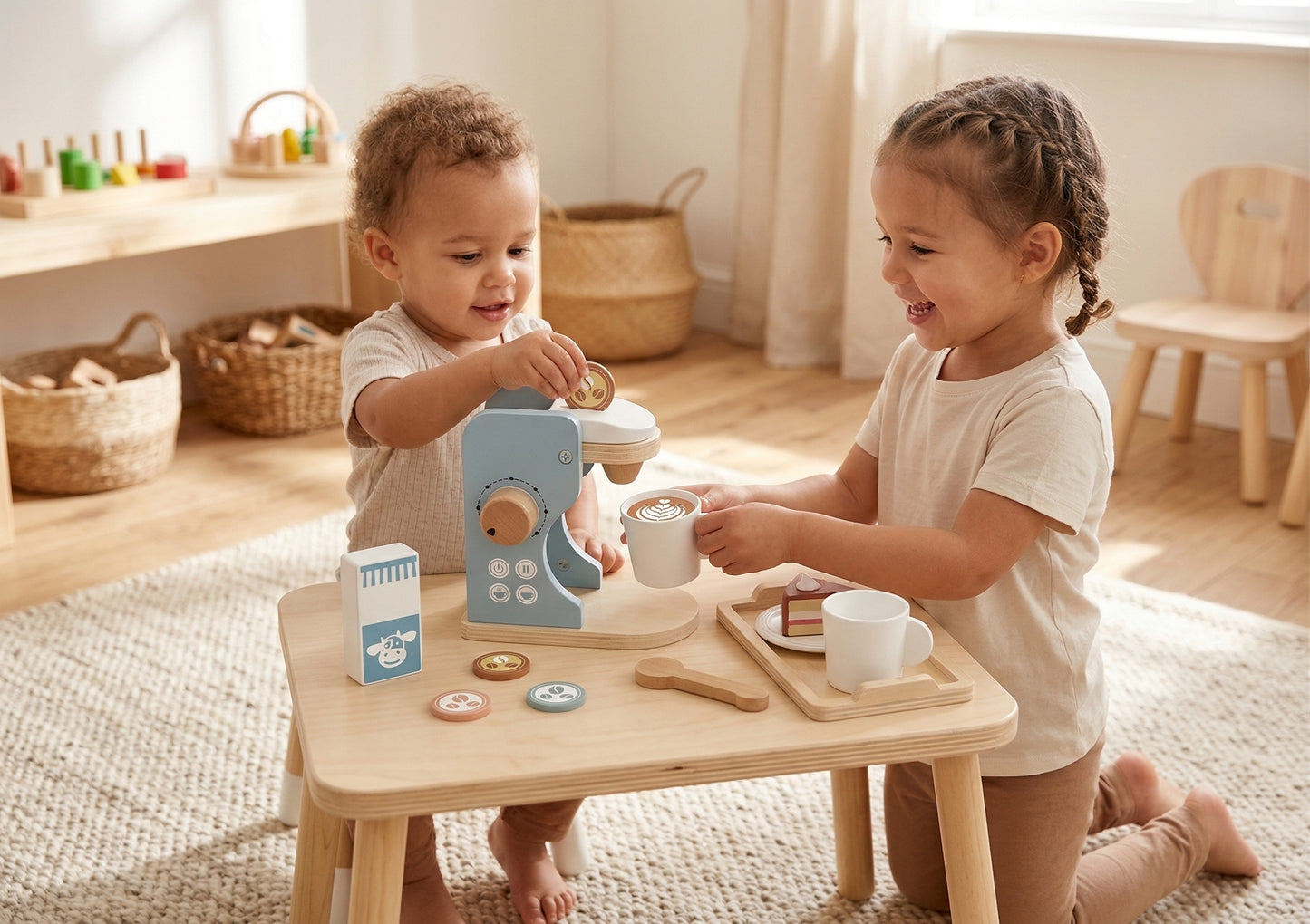 Mini Kaffeemaschine aus Holz für Kinder – Kaffee Set Spielzeug für die Spielküche