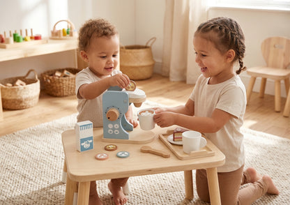 Mini Kaffeemaschine aus Holz für Kinder – Kaffee Set Spielzeug für die Spielküche
