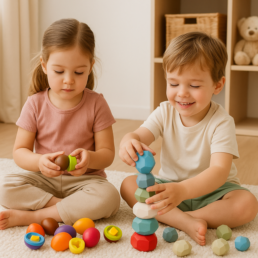 Buntes Balance & Stapelsteine Entdecker-Set aus Holz (2-in-1 Bundle)