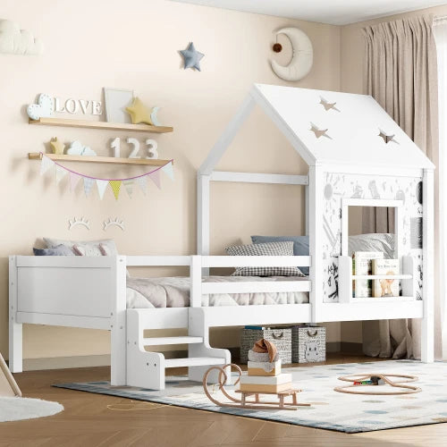 Weißes Einzelbett mit Treppe – Massivholz, sternförmiges Dach, integriertes Bücherregal und Fenster