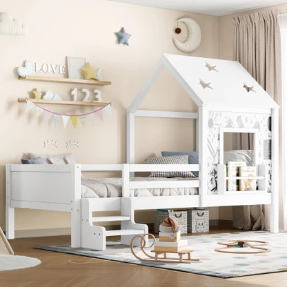 Weißes Einzelbett mit Treppe – Massivholz, sternförmiges Dach, integriertes Bücherregal und Fenster