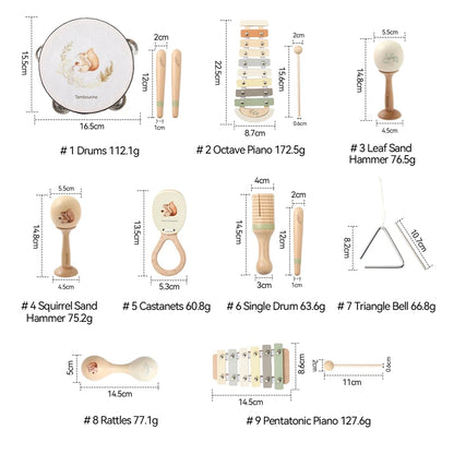 Montessori-Musikinstrumente aus Holz für Babys, Xylophon, Rassel, Trommel, Musikaufhaltung, Lernspielzeug, Weihnachtsgeschenk