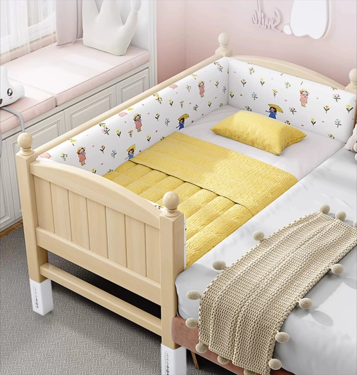 Anpassbares Spleißbett, breites Nachttisch-Artefakt, Baby-Flachbett, verstellbares Kinderbett aus massivem Holz für Jungen und Mädchen
