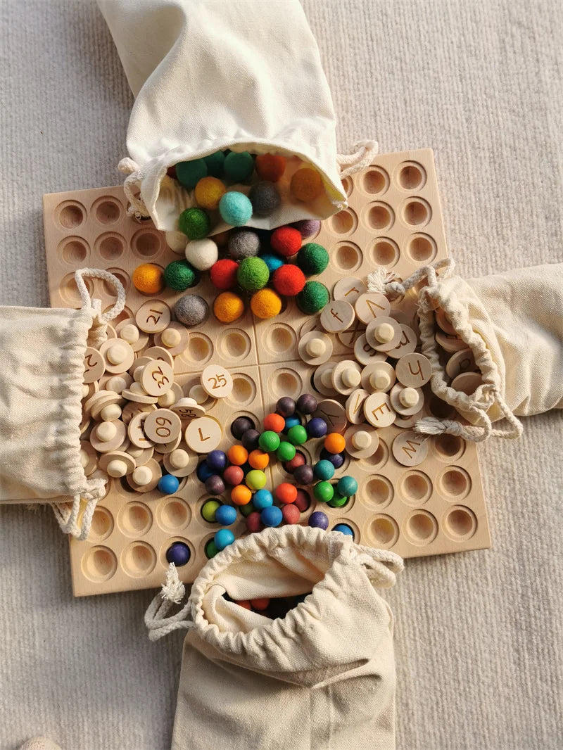 Montessori Sinnes Holzspielzeug Buche Caculate Halbtablett Hundert Brett mit Filzkugeln Alphabete Zahlen Kreatives Spielen