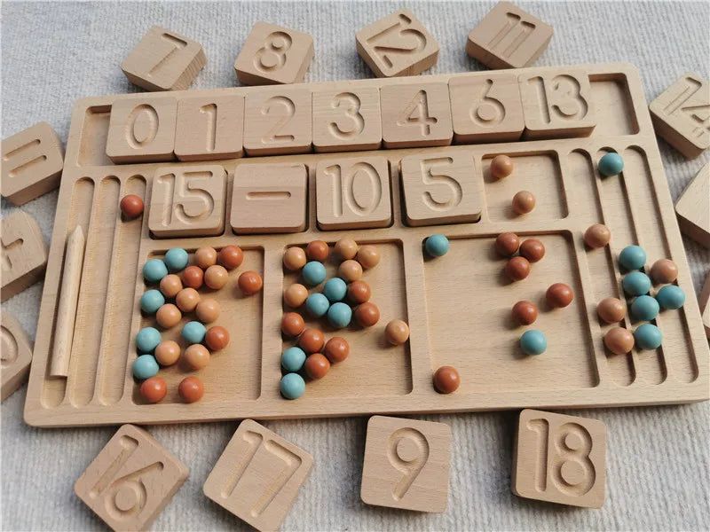 Montessori Sinnes Holzspielzeug Buche Caculate Halbtablett Hundert Brett mit Filzkugeln Alphabete Zahlen Kreatives Spielen