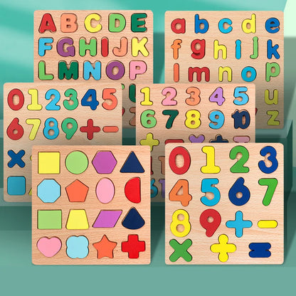Kinder Puzzle Alphabet - Zahlen -Geometrische Formen aus Holz - Montessori Pädagogisches Spielzeug für Vorschulkinder