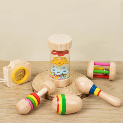 6 Teile/Satz Holz Musikinstrumente Spielzeug, Kleine Rassel, Sand Hammer, Sand Ball, Schütteln Glocke Kaleidoskop, greifen Praxis Spielzeug