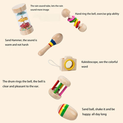 6 Teile/Satz Holz Musikinstrumente Spielzeug, Kleine Rassel, Sand Hammer, Sand Ball, Schütteln Glocke Kaleidoskop, greifen Praxis Spielzeug