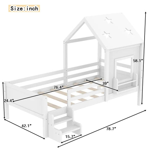 Weißes Einzelbett mit Treppe – Massivholz, sternförmiges Dach, integriertes Bücherregal und Fenster