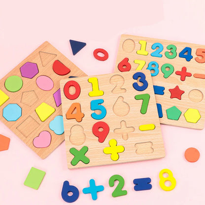 Kinder Puzzle Alphabet - Zahlen -Geometrische Formen aus Holz - Montessori Pädagogisches Spielzeug für Vorschulkinder