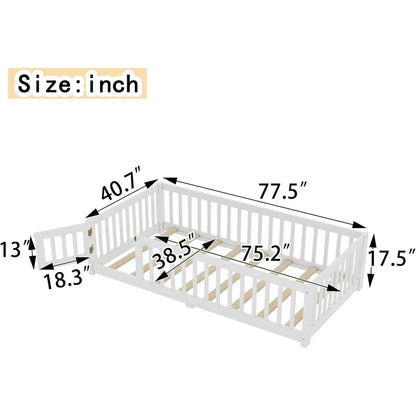 Twin-Size-Kinderbett mit Tür und Zaun, Montessori-Bodenbett mit Latten und Sicherheitsgeländer, Twin-Bettrahmen aus massivem Holz für