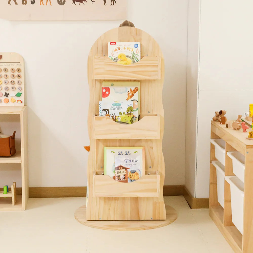 Modernes drehbares Bücherregal aus massivem Holz und Edelstahl, Wohnzimmermöbel für den Heimgebrauch, Kinder-Montessori-Bücherregal