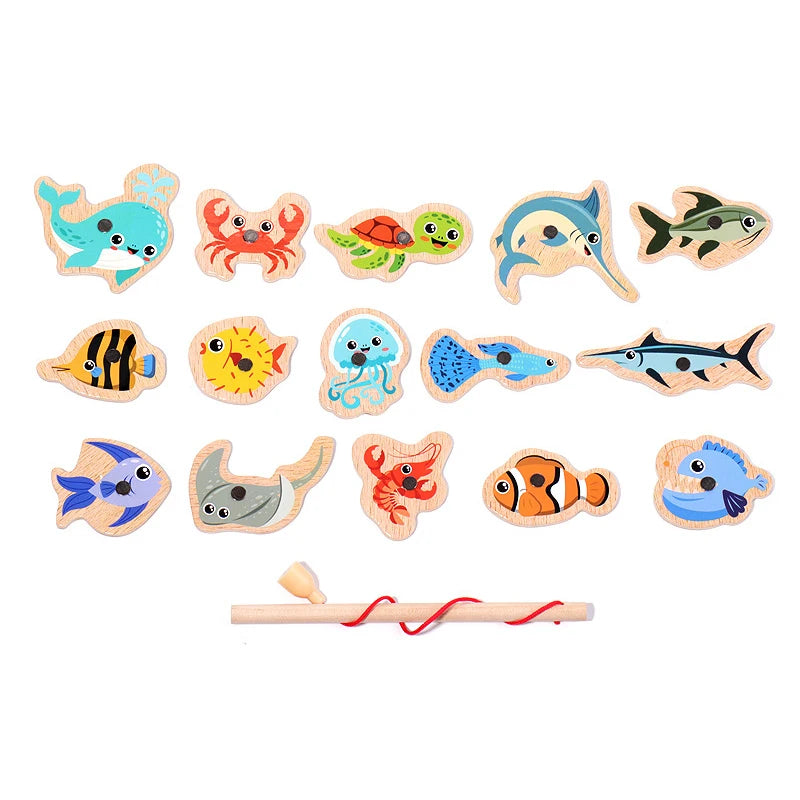 Wooden Fishing Game Cartoon Marine Life Cognition Fish Rod Magnetic Toys for Children Early Educational Parent-child Interactive