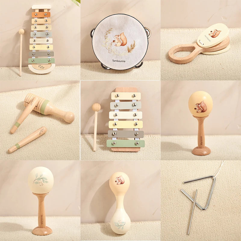 Montessori-Musikinstrumente aus Holz für Babys, Xylophon, Rassel, Trommel, Musikaufhaltung, Lernspielzeug, Weihnachtsgeschenk