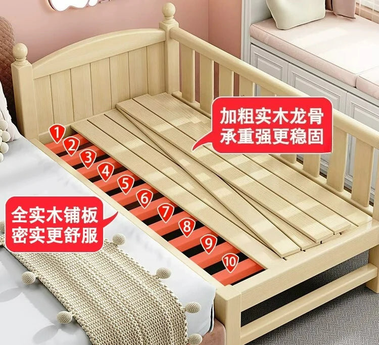 Anpassbares Spleißbett, breites Nachttisch-Artefakt, Baby-Flachbett, verstellbares Kinderbett aus massivem Holz für Jungen und Mädchen