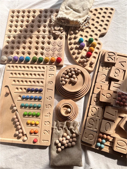 Montessori Sinnes Holzspielzeug Buche Caculate Halbtablett Hundert Brett mit Filzkugeln Alphabete Zahlen Kreatives Spielen