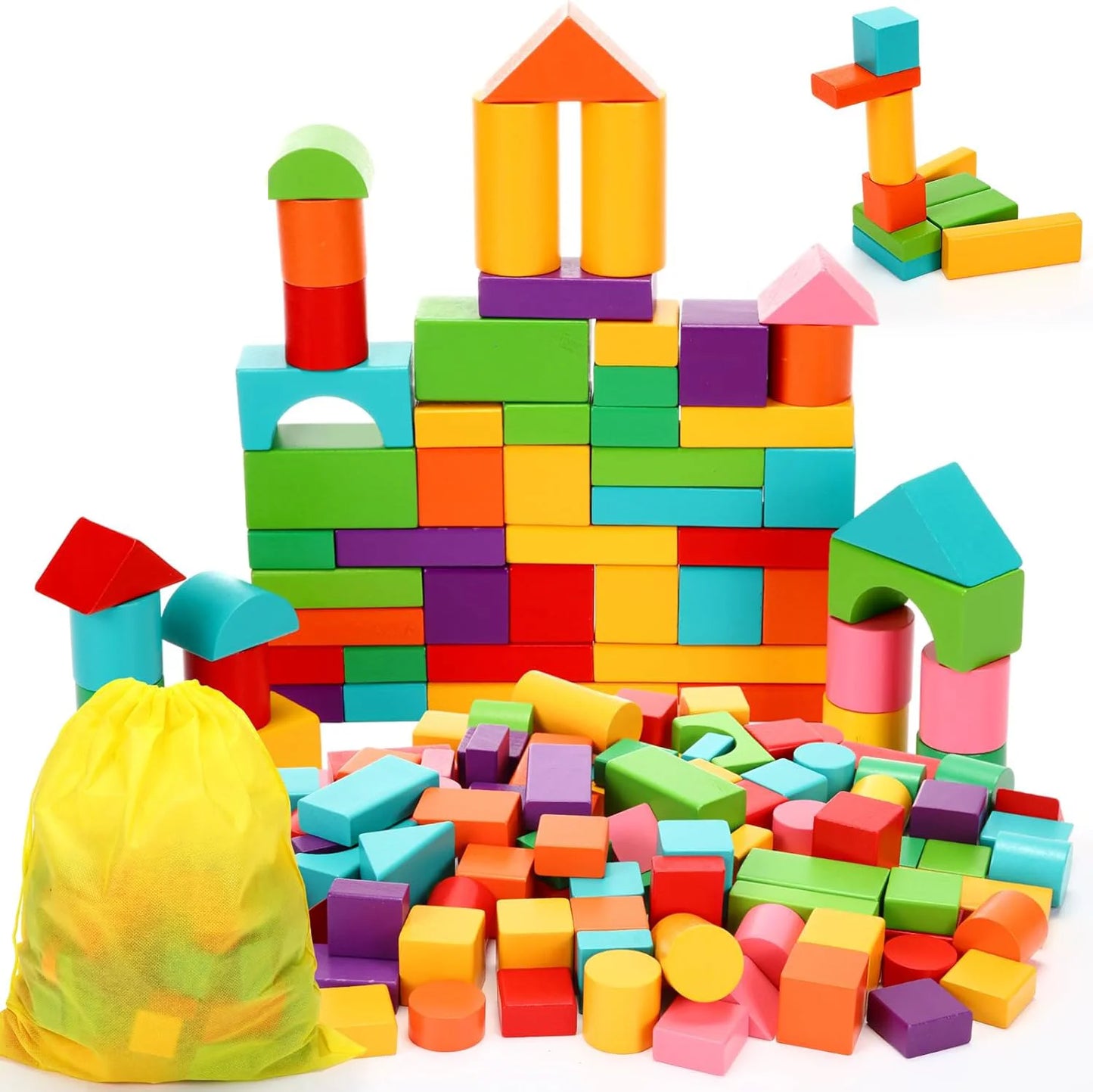 Holzbausteine-Set mit Aufbewahrungstasche, Holzspielzeug für Kinder, zusammengebaute Bausteine, frühes Lernspielzeug für Kinder