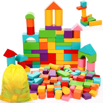 Holzbausteine-Set mit Aufbewahrungstasche, Holzspielzeug für Kinder, zusammengebaute Bausteine, frühes Lernspielzeug für Kinder