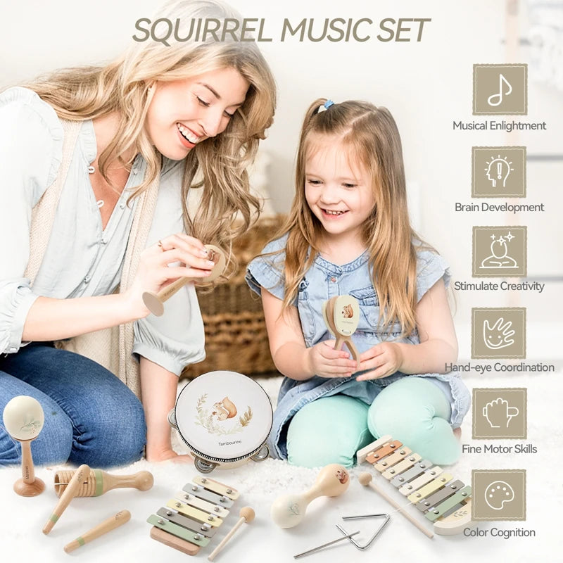 Montessori-Musikinstrumente aus Holz für Babys, Xylophon, Rassel, Trommel, Musikaufhaltung, Lernspielzeug, Weihnachtsgeschenk
