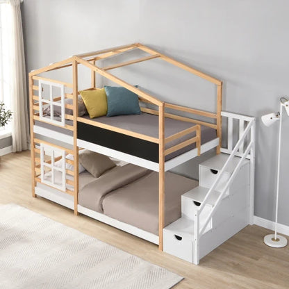 Twin Over Twin Etagenbett Hausbett mit Dachfenster, Tafel und Stauraum, Leiterplattformbett, Bettgestell