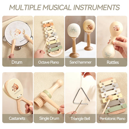 Montessori-Musikinstrumente aus Holz für Babys, Xylophon, Rassel, Trommel, Musikaufhaltung, Lernspielzeug, Weihnachtsgeschenk