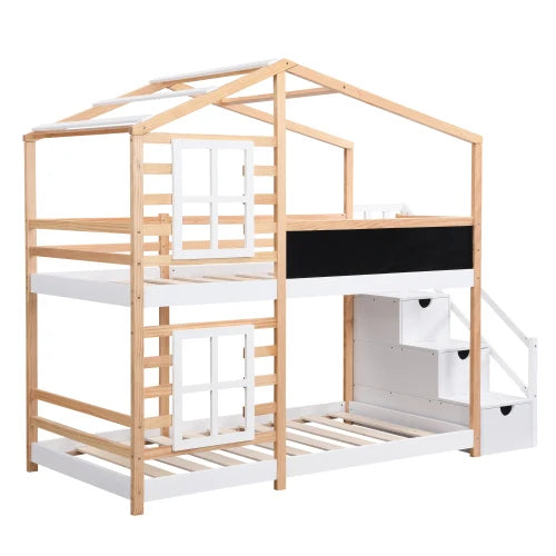 Twin Over Twin Etagenbett Hausbett mit Dachfenster, Tafel und Stauraum, Leiterplattformbett, Bettgestell